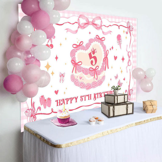 Lofaris Pink Bow Cream Cake Plaid Happy 5th Birthday Backdrop