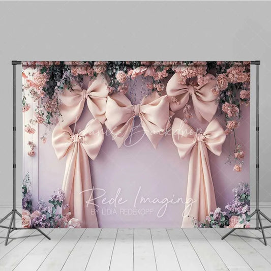 Lofaris Pink Bow Floral Wedding Photography Backdrop Romantic Bridal Shower Flower Curtain Background