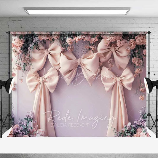 Lofaris Pink Bow Floral Wedding Photography Backdrop Romantic Bridal Shower Flower Curtain Background