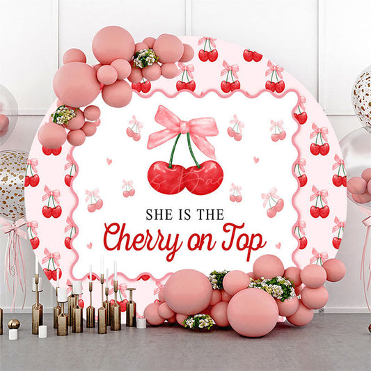 Lofaris Pink Bow Red Cherry On Top Round Birthday Backdrop