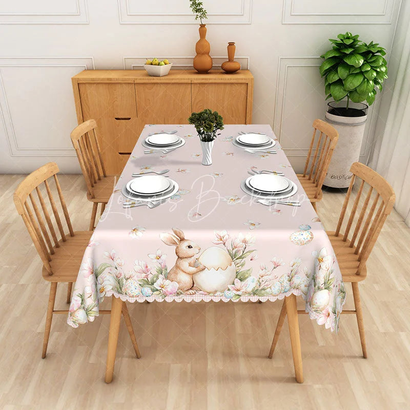 Lofaris Pink Bunny Holding Egg Rectangle Tablecloth Cute Rabbit Floral Border Table Cover Easter Holiday Baby Shower Decor