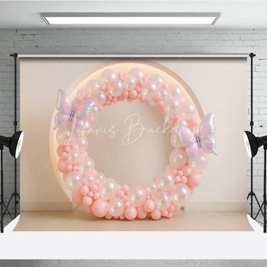 Lofaris Pink Butterfly Balloon Wreath Photography Backdrop Iridescent Balloons for First Birthday Girl’s Cake Smash Decor