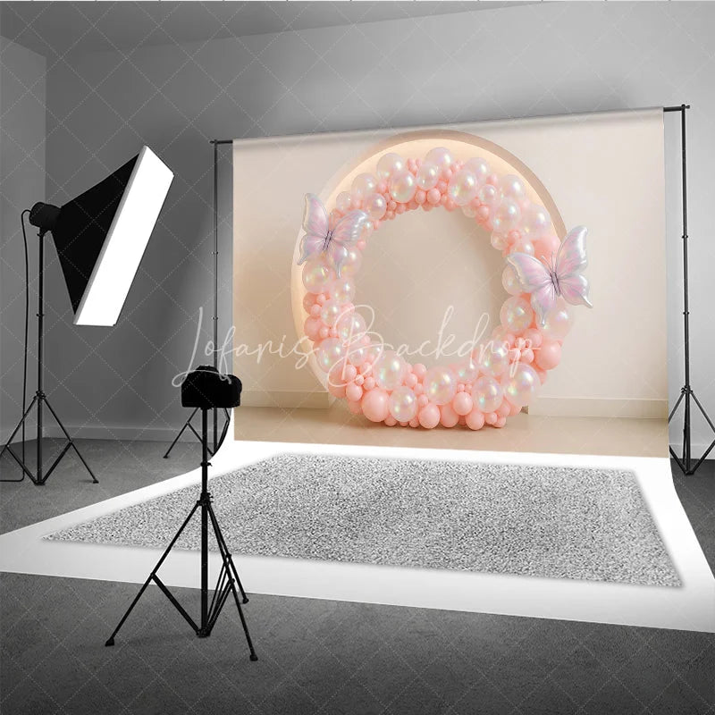 Lofaris Pink Butterfly Balloon Wreath Photography Backdrop Iridescent Balloons for First Birthday Girl’s Cake Smash Decor