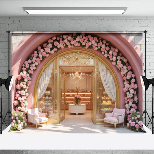 Lofaris Pink Cake Shop Bake Store Floral Photography Backdrop