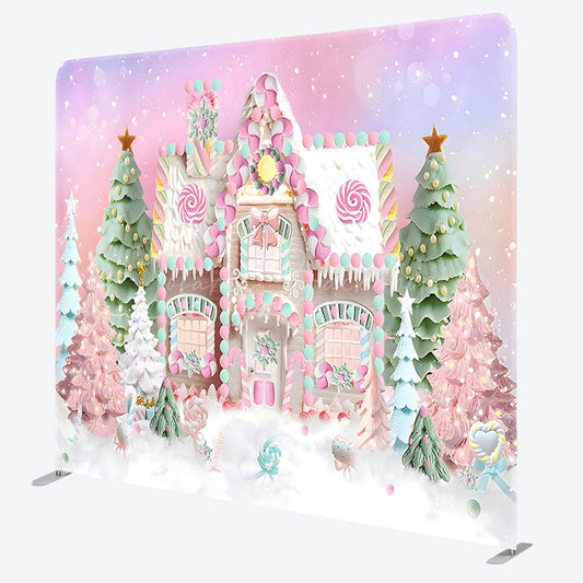 Lofaris Pink Candy House Xmas Tree Tension Fabric Backdrop