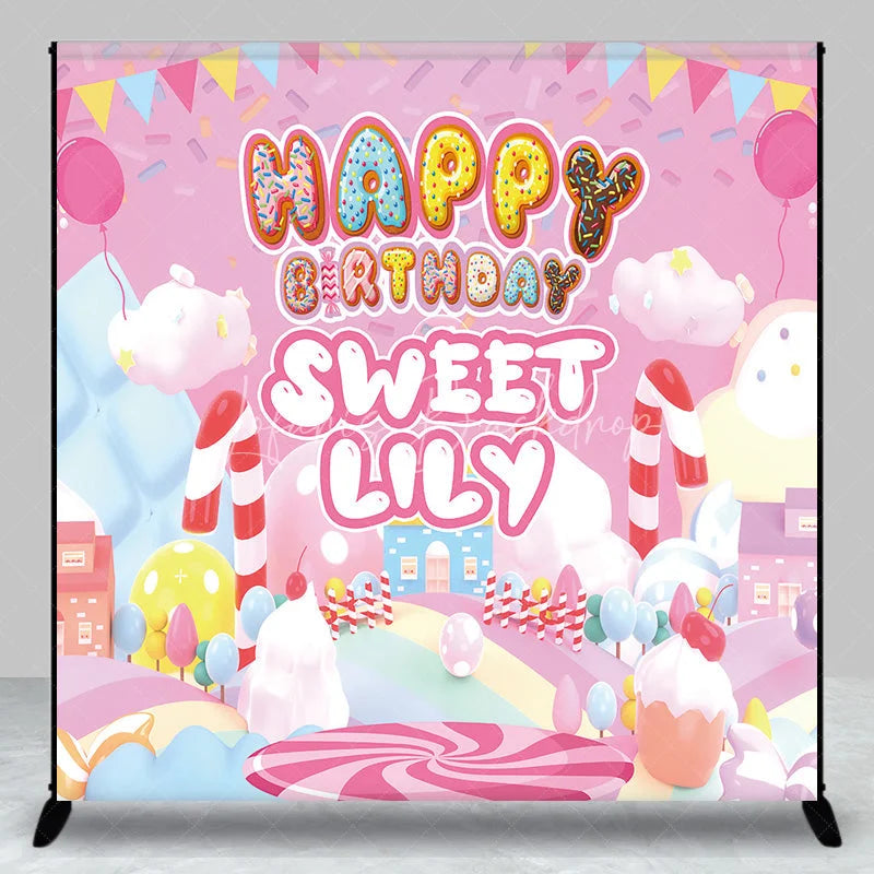 Lofaris Pink Candy Land Custom Birthday Backdrop with Donut Letters and Balloons Sweet Personalized Party Decor for Girls