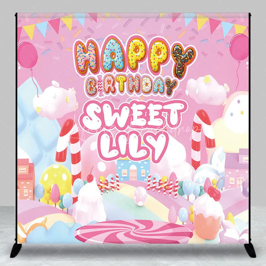 Lofaris Pink Candy Land Custom Birthday Backdrop with Donut Letters and Balloons Sweet Personalized Party Decor for Girls