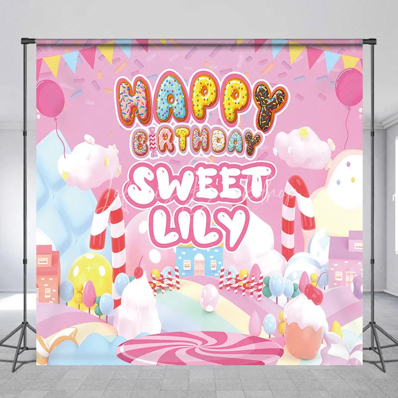 Lofaris Pink Candy Land Custom Birthday Backdrop with Donut Letters and Balloons Sweet Personalized Party Decor for Girls