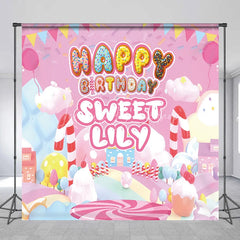 Lofaris Pink Candy Land Custom Birthday Backdrop with Donut Letters and Balloons Sweet Personalized Party Decor for Girls