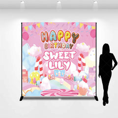 Lofaris Pink Candy Land Custom Birthday Backdrop with Donut Letters and Balloons Sweet Personalized Party Decor for Girls