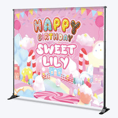 Lofaris Pink Candy Land Custom Birthday Backdrop with Donut Letters and Balloons Sweet Personalized Party Decor for Girls