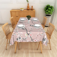 Lofaris Pink Cherry Blossom and Bird Rectangle Tablecloth Elegant Floral Dining Decor with Scalloped Edge