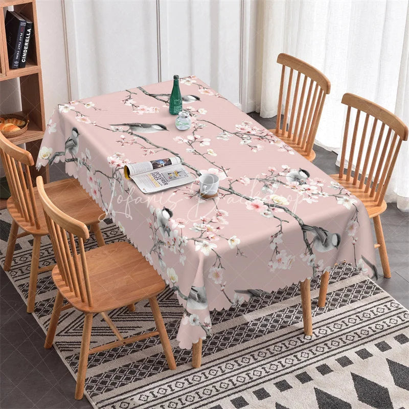 Lofaris Pink Cherry Blossom and Bird Rectangle Tablecloth Elegant Floral Dining Decor with Scalloped Edge