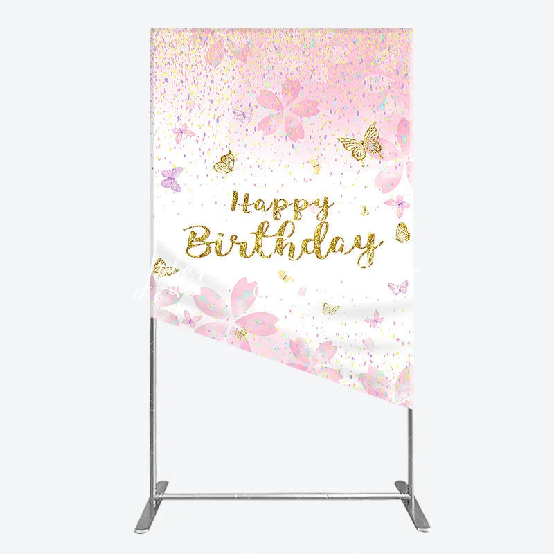 Lofaris Pink Cherry Blossom and Gold Glitter Happy Birthday Rectangle Arch Backdrop Butterfly Confetti Party Decor