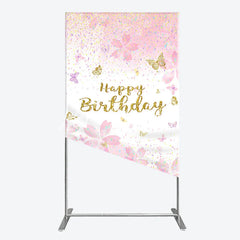 Lofaris Pink Cherry Blossom and Gold Glitter Happy Birthday Rectangle Arch Backdrop Butterfly Confetti Party Decor