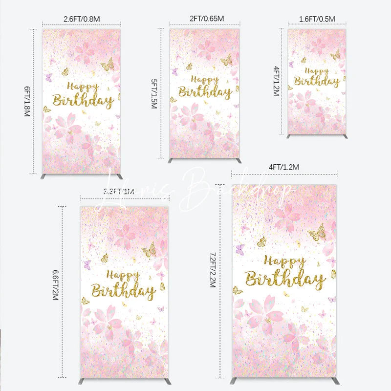Lofaris Pink Cherry Blossom and Gold Glitter Happy Birthday Rectangle Arch Backdrop Butterfly Confetti Party Decor