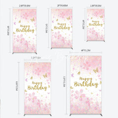 Lofaris Pink Cherry Blossom and Gold Glitter Happy Birthday Rectangle Arch Backdrop Butterfly Confetti Party Decor