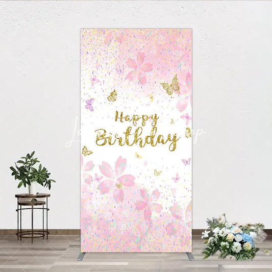 Lofaris Pink Cherry Blossom and Gold Glitter Happy Birthday Rectangle Arch Backdrop Butterfly Confetti Party Decor