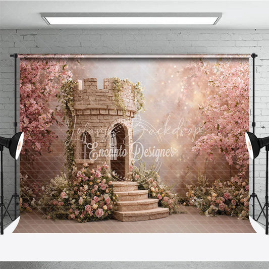 Lofaris Pink Cherry Blossom and Stone Castle Photography Backdrop Fairytale Garden Princess Party Decor