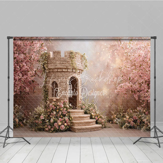 Lofaris Pink Cherry Blossom and Stone Castle Photography Backdrop Fairytale Garden Princess Party Decor