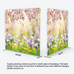 Lofaris Pink Cherry Blossom and Wildflower Meadow Square Double-Sided Backdrop Spring Nature Photography for Studio