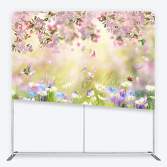 Lofaris Pink Cherry Blossom and Wildflower Meadow Square Double-Sided Backdrop Spring Nature Photography for Studio