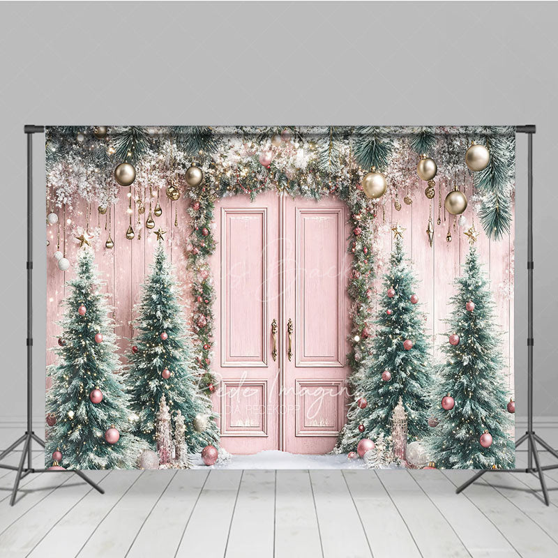 Lofaris Pink Christmas Door Photography Backdrop Flocked Trees with Rose Gold Ornaments Whimsical Holiday Photo Background