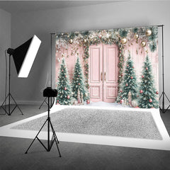 Lofaris Pink Christmas Door Photography Backdrop Flocked Trees with Rose Gold Ornaments Whimsical Holiday Photo Background