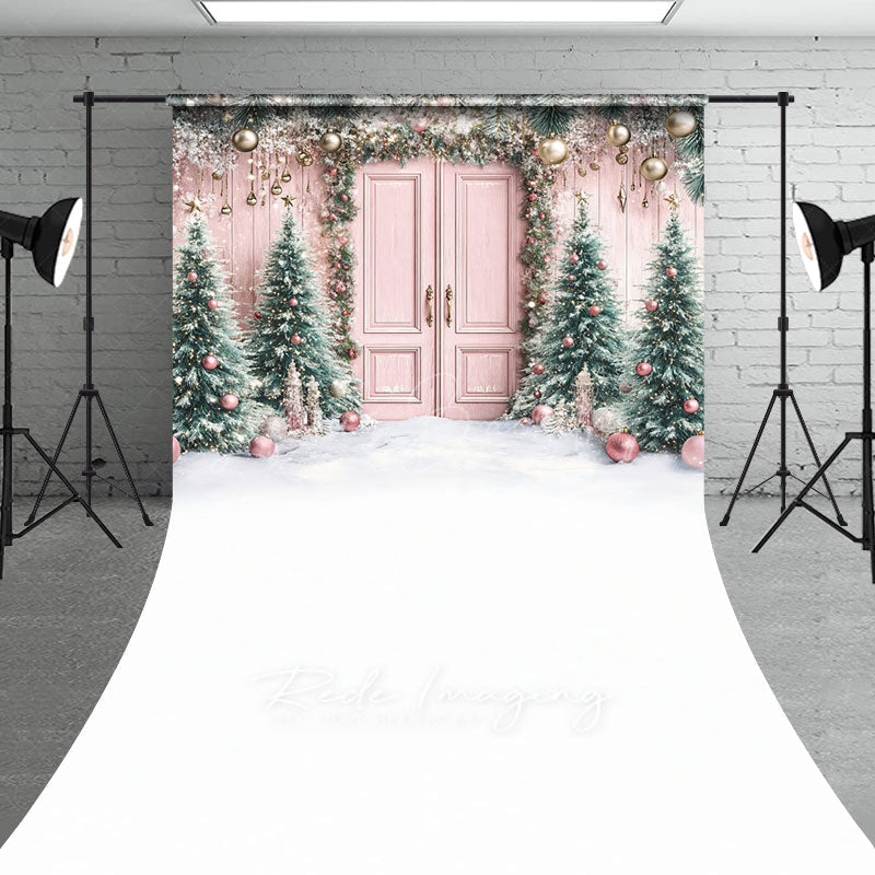 Lofaris Pink Christmas Door Sweep Backdrop Flocked Trees with Rose Gold Ornaments Whimsical Holiday Photo Floor Drop
