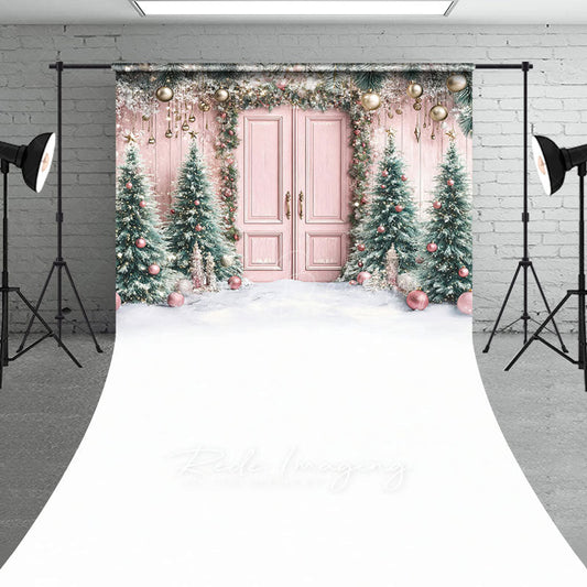 Lofaris Pink Christmas Door Sweep Backdrop Flocked Trees with Rose Gold Ornaments Whimsical Holiday Photo Floor Drop