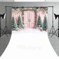 Lofaris Pink Christmas Door Sweep Backdrop Flocked Trees with Rose Gold Ornaments Whimsical Holiday Photo Floor Drop