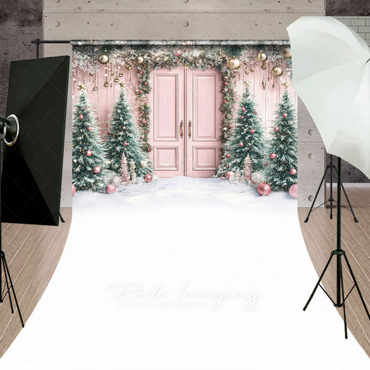 Lofaris Pink Christmas Door Sweep Backdrop Flocked Trees with Rose Gold Ornaments Whimsical Holiday Photo Floor Drop