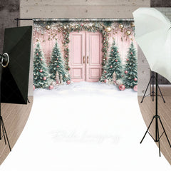 Lofaris Pink Christmas Door Sweep Backdrop Flocked Trees with Rose Gold Ornaments Whimsical Holiday Photo Floor Drop