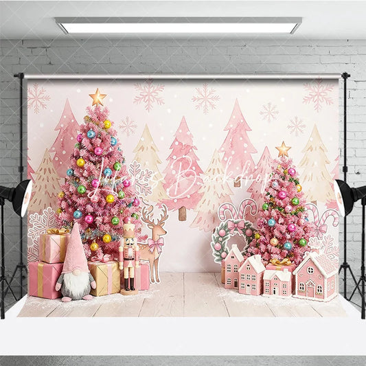 Lofaris Pink Christmas Tree and Nutcracker Holiday Backdrop Pastel Winter Wonderland Gingerbread House Party Decor
