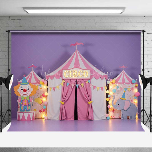 Lofaris Pink Circus Cake Smash Backdrop Cute Clown and Elephant Tent First Birthday Carnival Themed Photography Prop