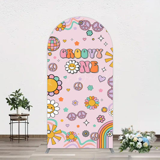 Lofaris Pink Color Floral Groovy One Birthday Arch Backdrop