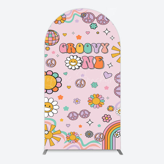 Lofaris Pink Color Floral Groovy One Birthday Arch Backdrop