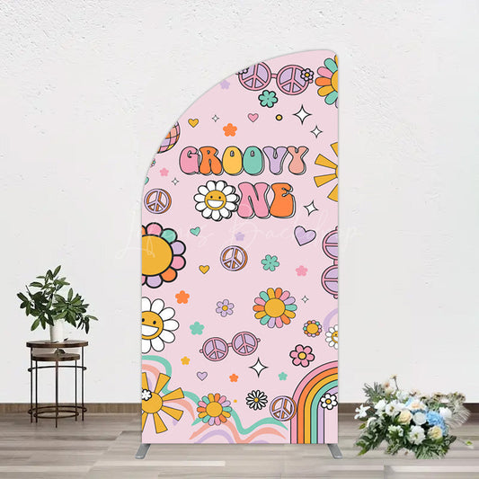 Lofaris Pink Color Floral Groovy One Birthday Half Moon Arch Backdrop