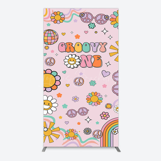 Lofaris Pink Color Floral Groovy One Birthday Rectangle Backdrop