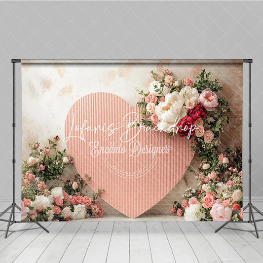 Lofaris Pink Corrugated Heart Floral Photography Backdrop with White Peonies and Red Roses for Valentine’s Day Wedding