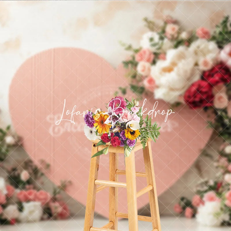 Lofaris Pink Corrugated Heart Floral Photography Backdrop with White Peonies and Red Roses for Valentine’s Day Wedding