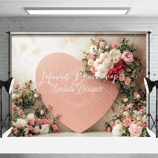 Lofaris Pink Corrugated Heart Floral Photography Backdrop with White Peonies and Red Roses for Valentine’s Day Wedding