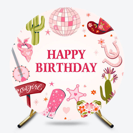 Lofaris Pink Cowgirl Disco Ball Round Birthday Backdrop