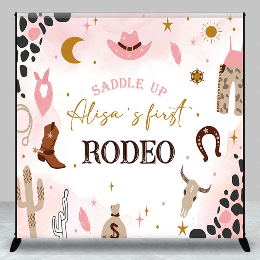 Lofaris Pink Cowgirl First Rodeo Custom Name Birthday Backdrop