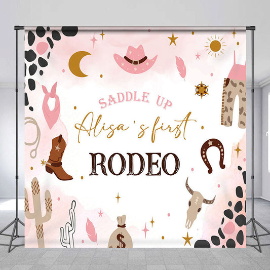 Lofaris Pink Cowgirl First Rodeo Custom Name Birthday Backdrop