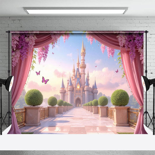 Lofaris Pink Curtain Fairy Tale Castle Cake Smash Backdrop