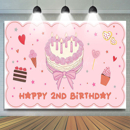 Lofaris Pink Cute Heart Cake Happy 2nd Birthday Backdrop