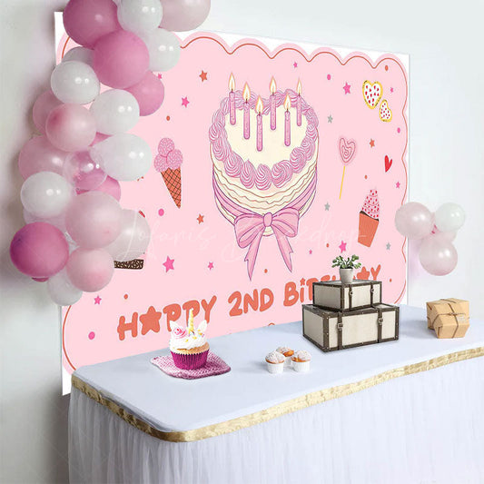 Lofaris Pink Cute Heart Cake Happy 2nd Birthday Backdrop