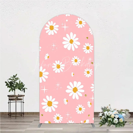 Lofaris Pink Daisy Floral Round Top Arch Backdrop with White Flowers and Gold Glitter Sparkles Sweet Celebration Decor