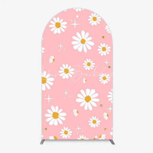 Lofaris Pink Daisy Floral Round Top Arch Backdrop with White Flowers and Gold Glitter Sparkles Sweet Celebration Decor